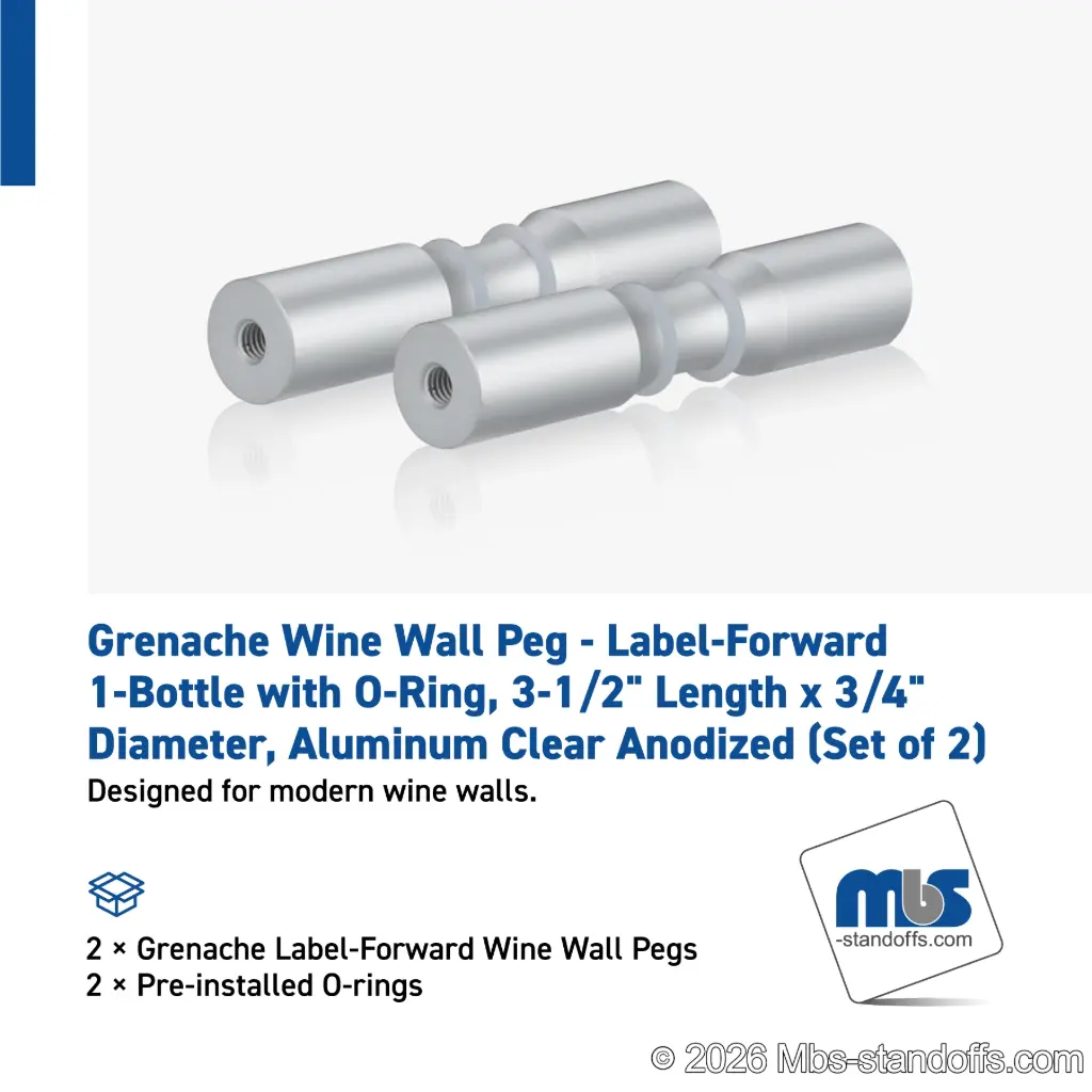 Grenache Wine Wall Peg - Label-Forward 1-Bottle with O-Ring, 3-1/2" Length x 3/4" Diameter, Aluminum Clear Anodized (Set of 2)