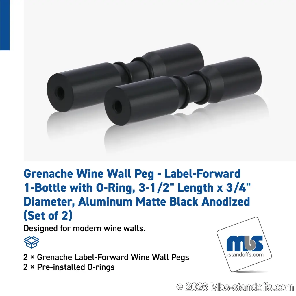 Grenache Wine Wall Peg - Label-Forward 1-Bottle with O-Ring, 3-1/2" Length x 3/4" Diameter, Aluminum Matte Black Anodized (Set of 2)