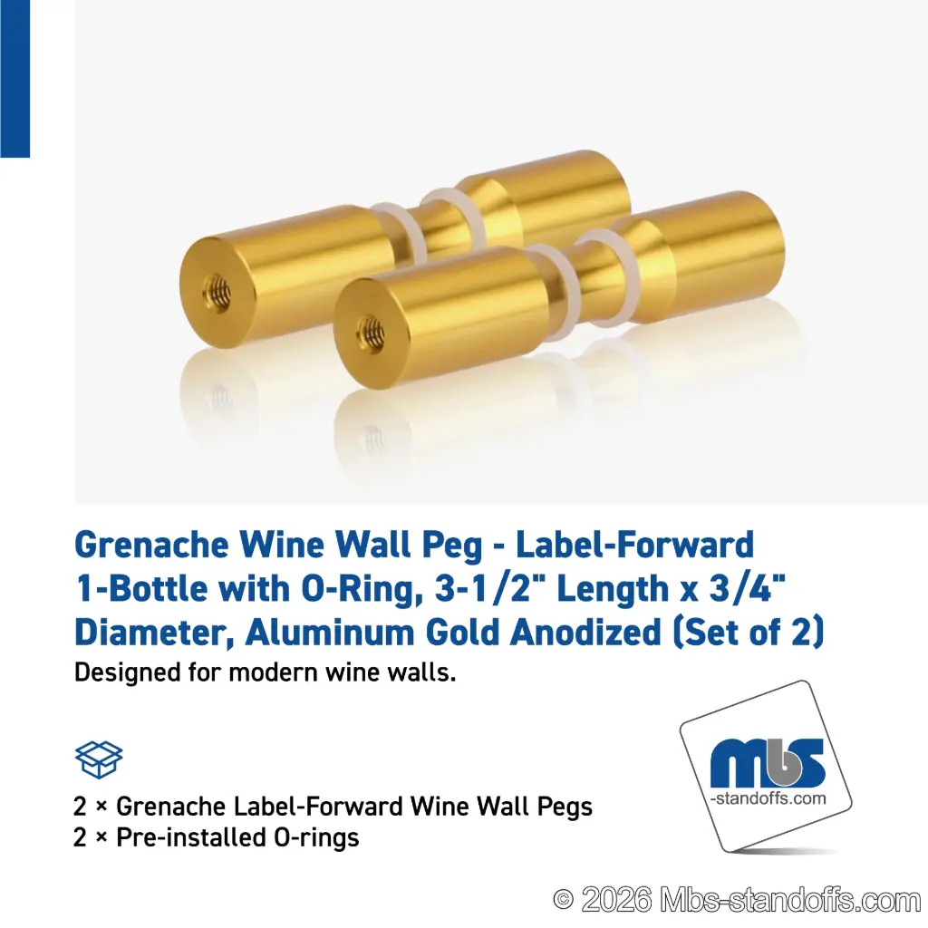 Grenache Wine Wall Peg - Label-Forward 1-Bottle with O-Ring, 3-1/2" Length x 3/4" Diameter, Aluminum Gold Anodized (Set of 2)