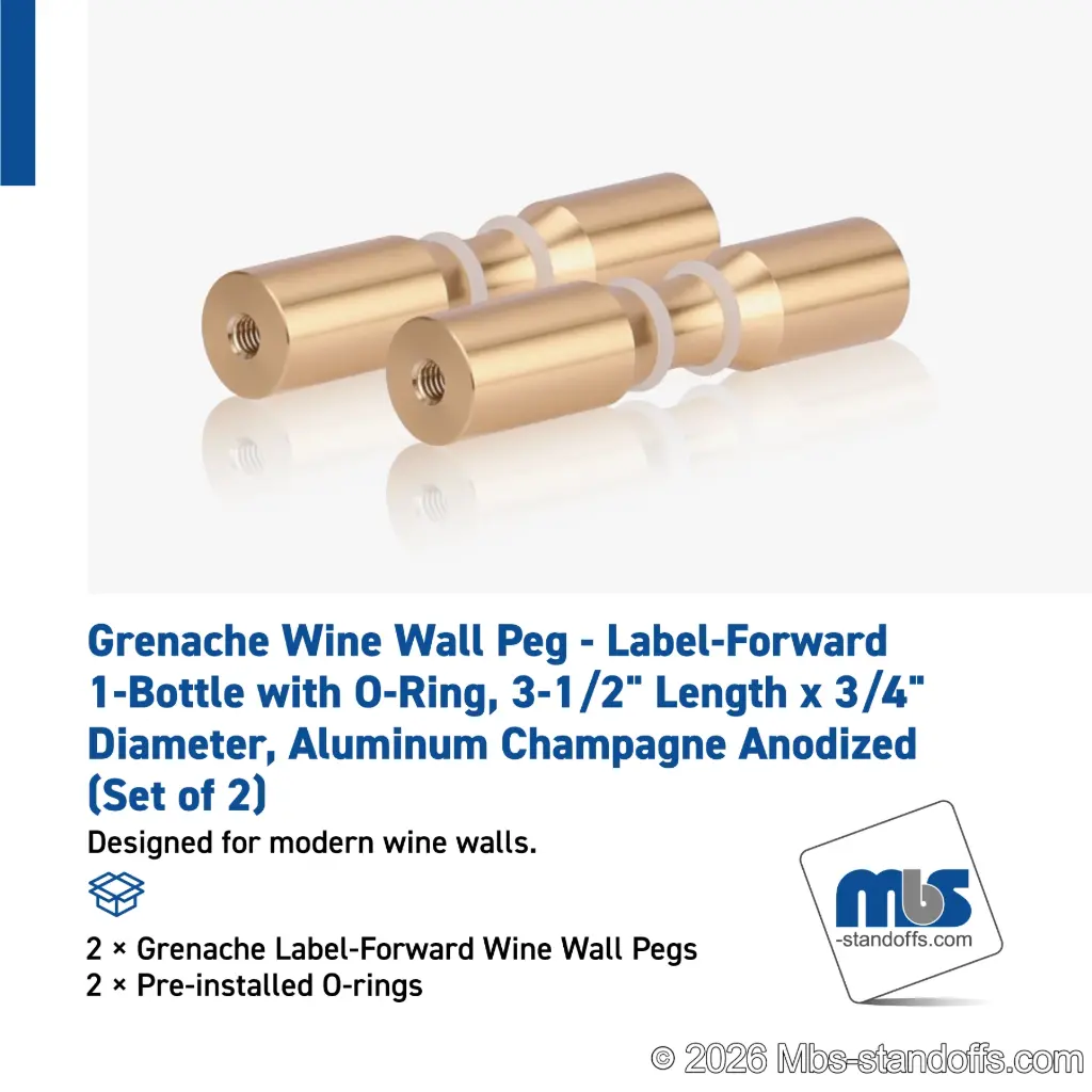 Grenache Wine Wall Peg - Label-Forward 1-Bottle with O-Ring, 3-1/2" Length x 3/4" Diameter, Aluminum Champagne Anodized (Set of 2)