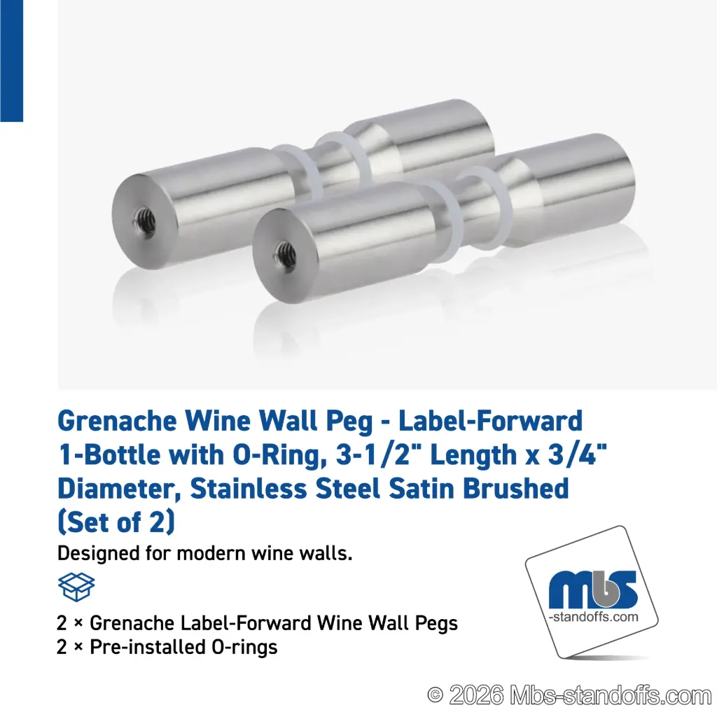 Grenache Wine Wall Peg - Label-Forward 1-Bottle with O-Ring, 3-1/2" Length x 3/4" Diameter, Stainless Steel Satin Brushed (Set of 2)