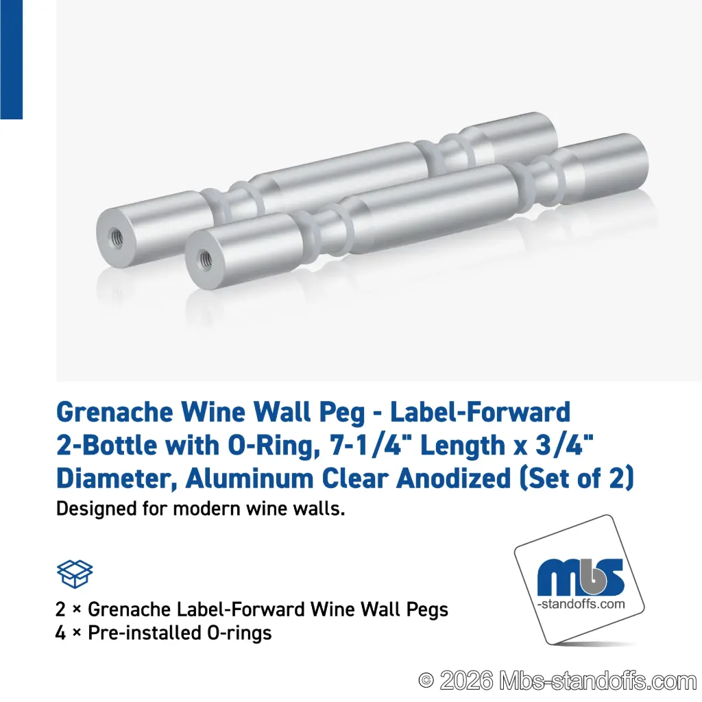 Grenache Wine Wall Peg - Label-Forward 2-Bottle with O-Ring, 6-1/2" Length x 3/4" Diameter, Aluminum Clear Anodized (Set of 2)