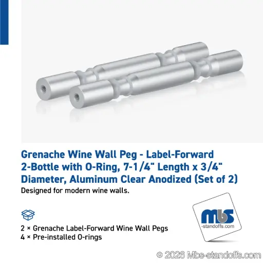 [WPR075-2A] Grenache Wine Wall Peg - Label-Forward 2-Bottle with O-Ring, 6-1/2" Length x 3/4" Diameter, Aluminum Clear Anodized (Set of 2)