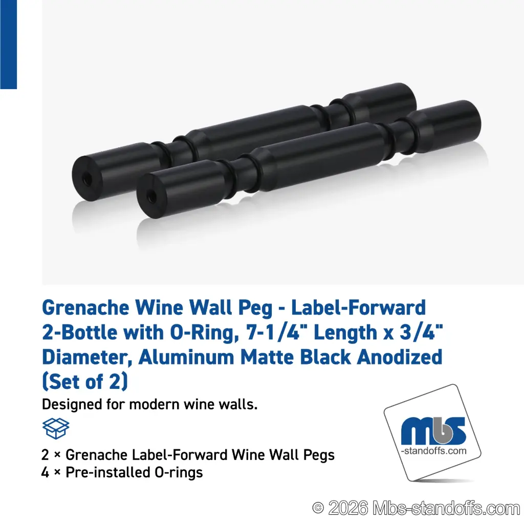 Grenache Wine Wall Peg - Label-Forward 2-Bottle with O-Ring, 6-1/2" Length x 3/4" Diameter, Aluminum Matte Black Anodized (Set of 2)