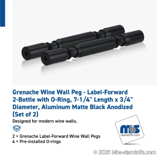 [WPR075-2MB] Grenache Wine Wall Peg - Label-Forward 2-Bottle with O-Ring, 6-1/2" Length x 3/4" Diameter, Aluminum Matte Black Anodized (Set of 2)