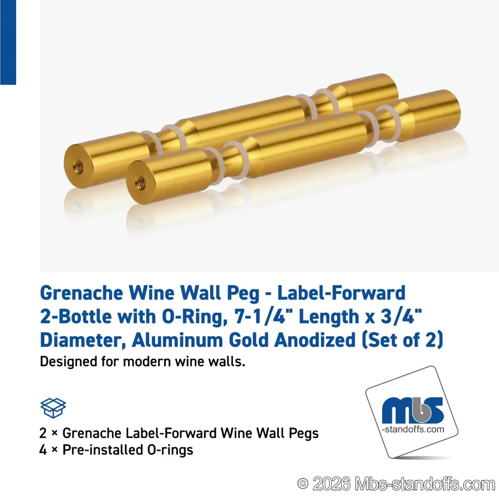 Grenache Wine Wall Peg - Label-Forward 2-Bottle with O-Ring, 6-1/2" Length x 3/4" Diameter, Aluminum Gold Anodized (Set of 2)