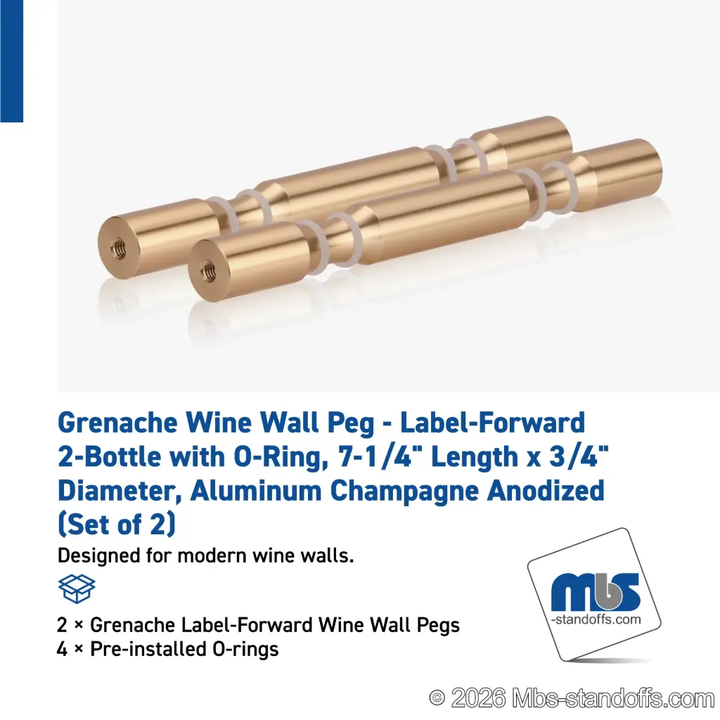 Grenache Wine Wall Peg - Label-Forward 2-Bottle with O-Ring, 6-1/2" Length x 3/4" Diameter, Aluminum Champagne Anodized (Set of 2)