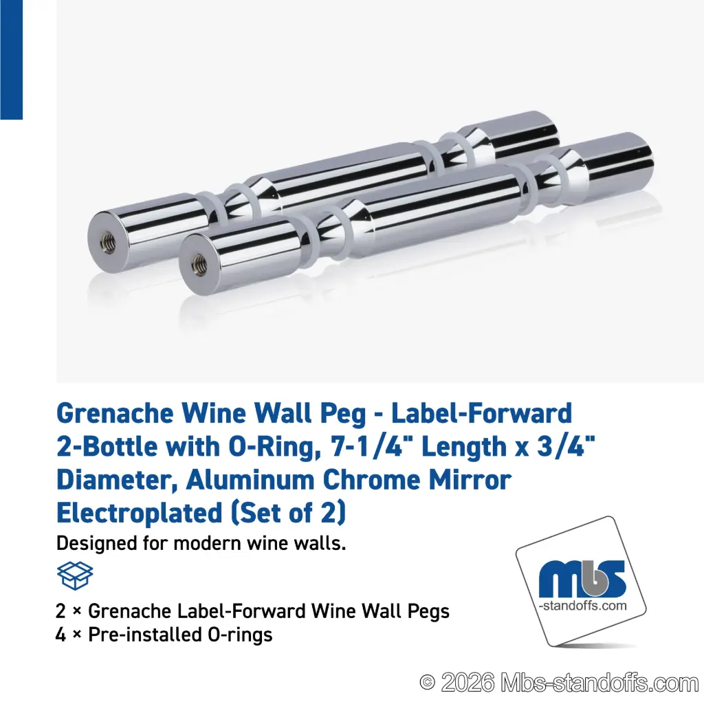 Grenache Wine Wall Peg - Label-Forward 2-Bottle with O-Ring, 6-1/2" Length x 3/4" Diameter, Aluminum Chrome Mirror Electroplated (Set of 2)