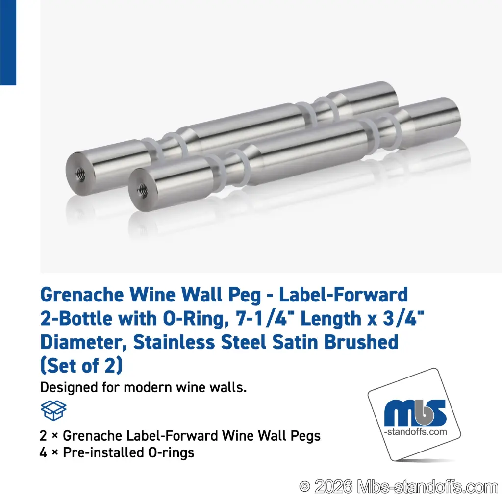 Grenache Wine Wall Peg - Label-Forward 2-Bottle with O-Ring, 6-1/2" Length x 3/4" Diameter, Stainless Steel Satin Brushed (Set of 2)