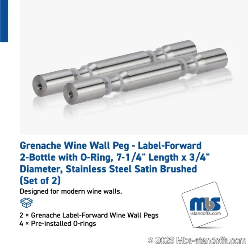 [WPR075-2S] Grenache Wine Wall Peg - Label-Forward 2-Bottle with O-Ring, 6-1/2" Length x 3/4" Diameter, Stainless Steel Satin Brushed (Set of 2)