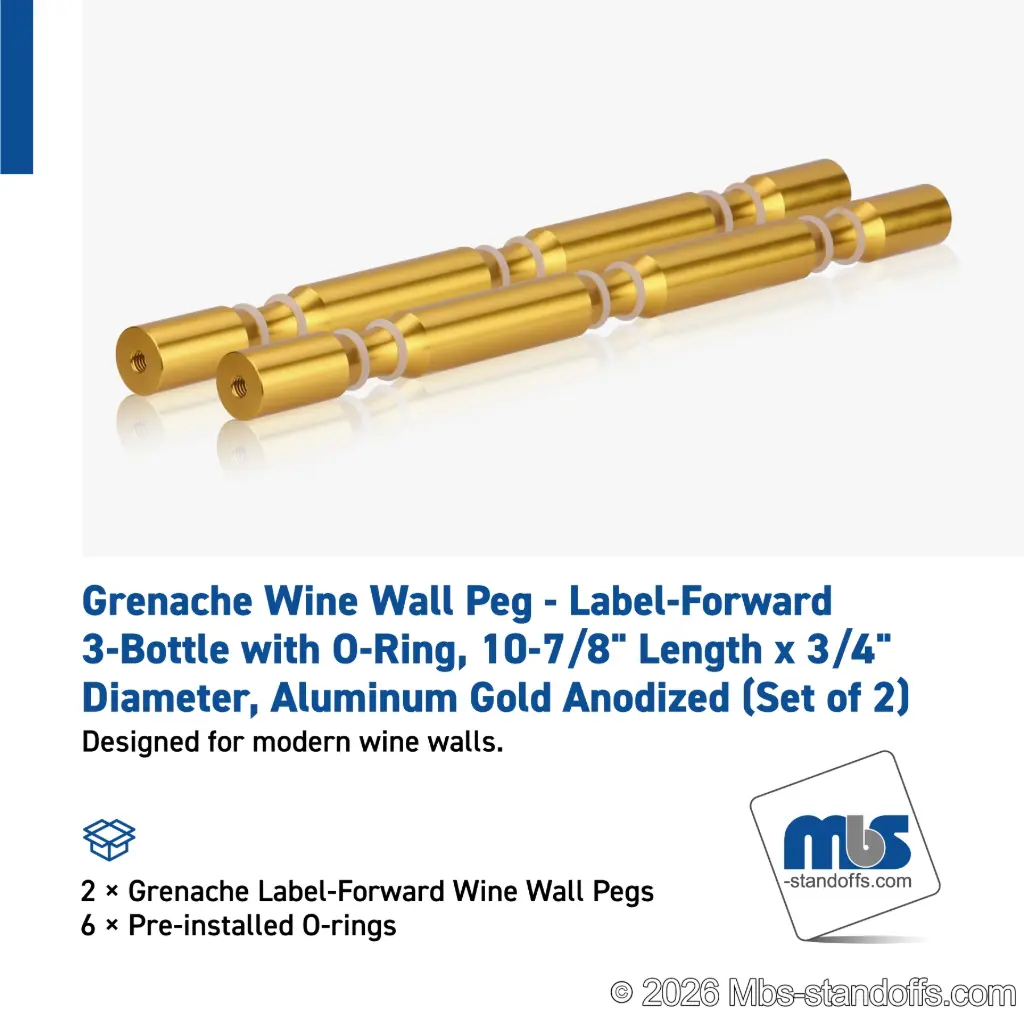 Grenache Wine Wall Peg - Label-Forward 3-Bottle with O-Ring, 9-1/2" Length x 3/4" Diameter, Aluminum Gold Anodized (Set of 2)