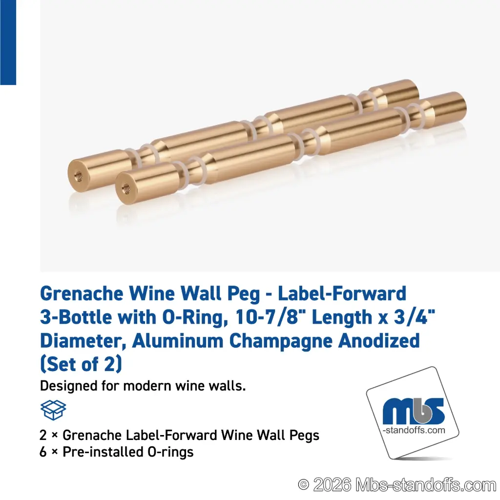 Grenache Wine Wall Peg - Label-Forward 3-Bottle with O-Ring, 9-1/2" Length x 3/4" Diameter, Aluminum Champagne Anodized (Set of 2)