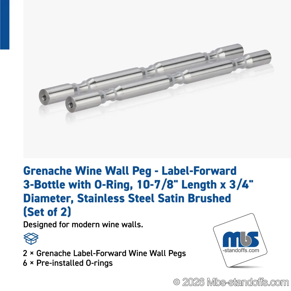 Grenache Wine Wall Peg - Label-Forward 3-Bottle with O-Ring, 9-1/2" Length x 3/4" Diameter, Stainless Steel Satin Brushed (Set of 2)