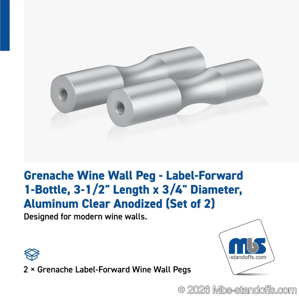Grenache Wine Wall Peg - Label-Forward 1-Bottle, 3-1/2" Length x 3/4" Diameter, Aluminum Clear Anodized (Set of 2)