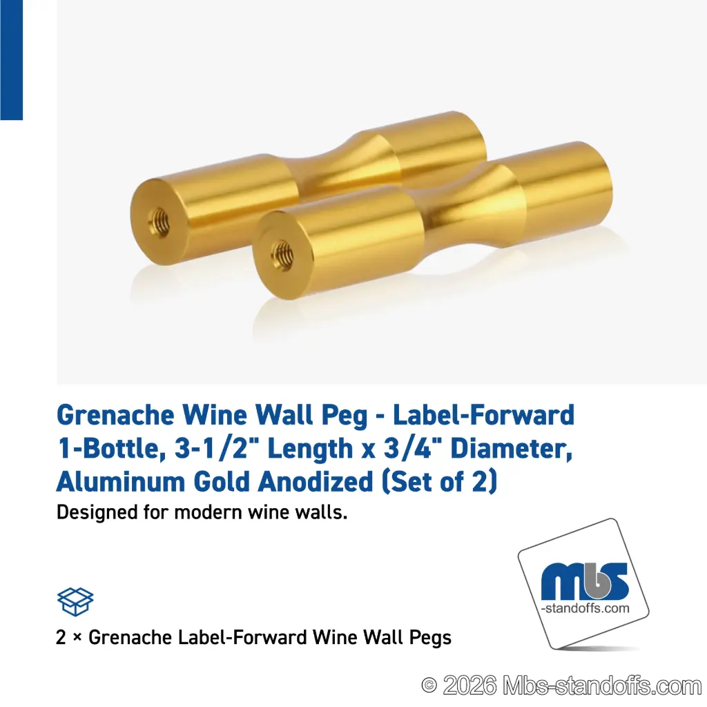 Grenache Wine Wall Peg - Label-Forward 1-Bottle, 3-1/2" Length x 3/4" Diameter, Aluminum Gold Anodized (Set of 2)