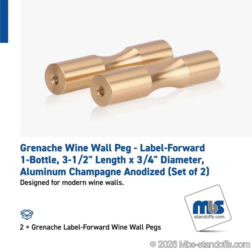 Grenache Wine Wall Peg - Label-Forward 1-Bottle, 3-1/2" Length x 3/4" Diameter, Aluminum Champagne Anodized (Set of 2)