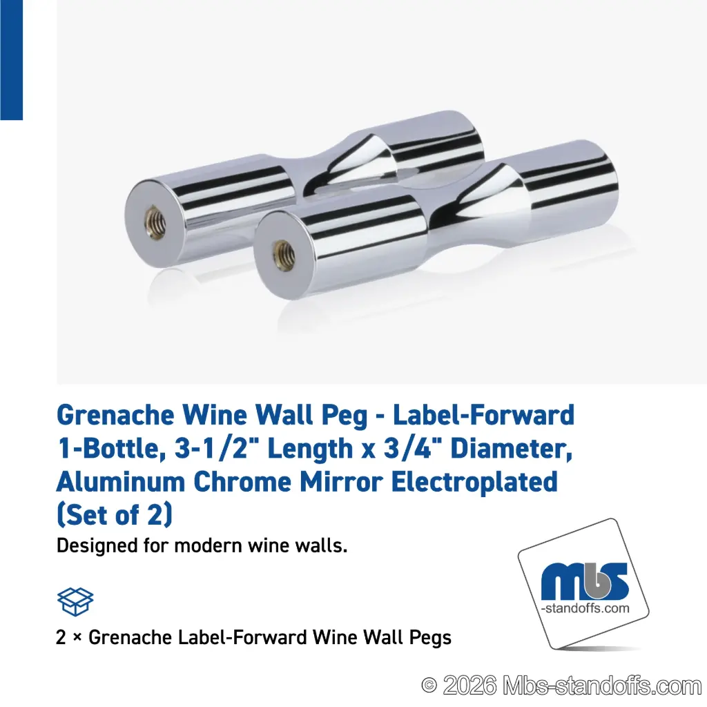 Grenache Wine Wall Peg - Label-Forward 1-Bottle, 3-1/2" Length x 3/4" Diameter, Aluminum Chrome Mirror Electroplated (Set of 2)