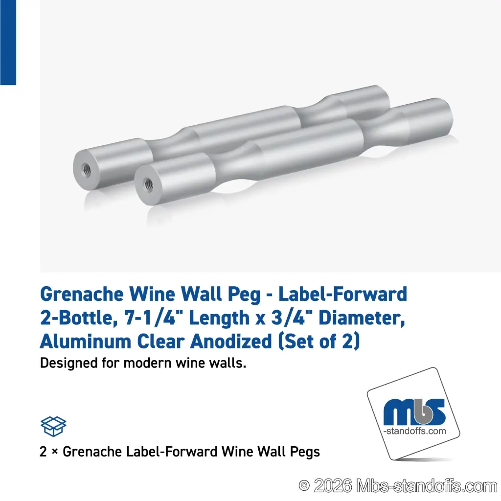 Grenache Wine Wall Peg - Label-Forward 2-Bottle, 6-1/2" Length x 3/4" Diameter, Aluminum Clear Anodized (Set of 2)