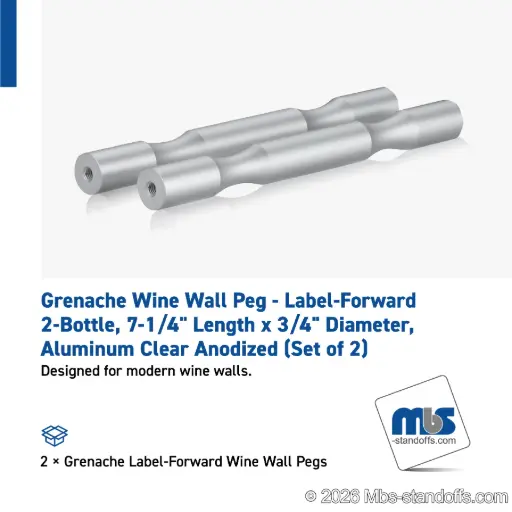 [WP075-2A] Grenache Wine Wall Peg - Label-Forward 2-Bottle, 6-1/2" Length x 3/4" Diameter, Aluminum Clear Anodized (Set of 2)