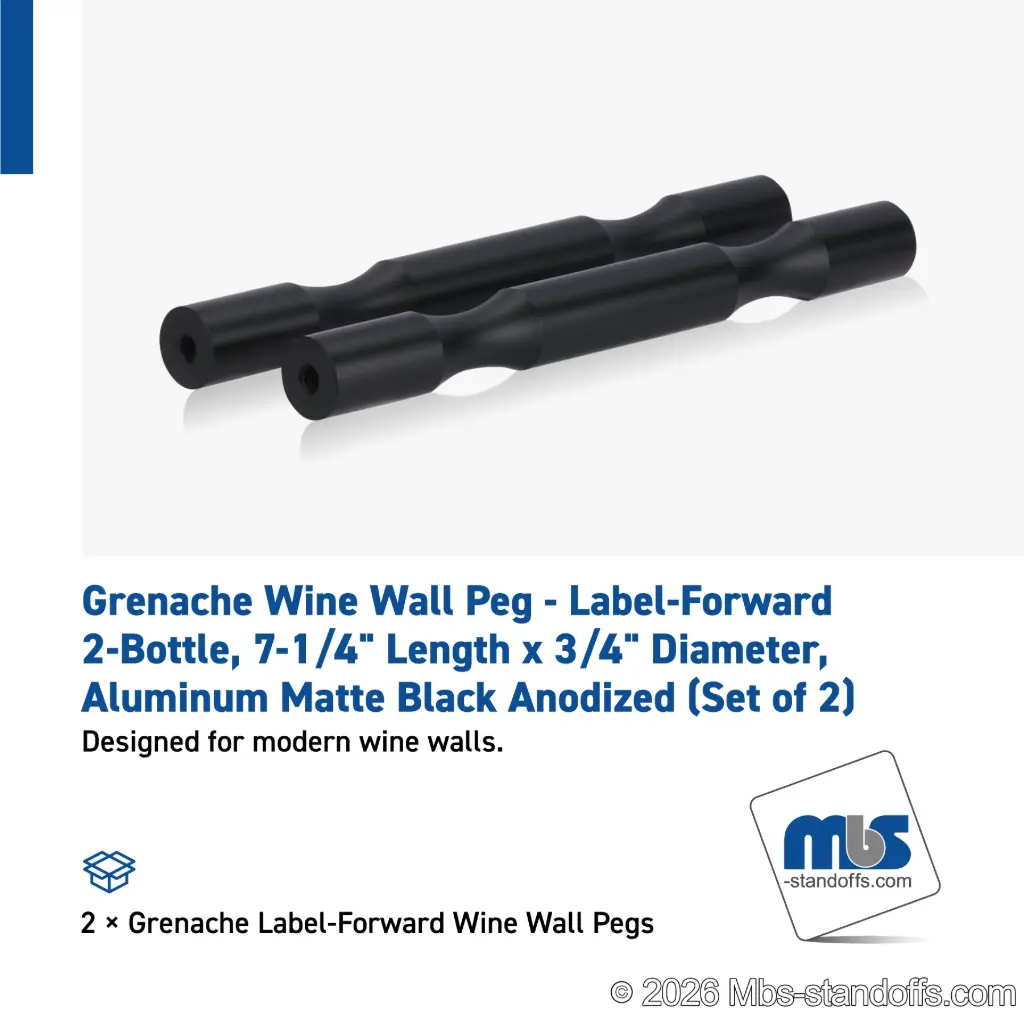 Grenache Wine Wall Peg - Label-Forward 2-Bottle, 6-1/2" Length x 3/4" Diameter, Aluminum Matte Black Anodized (Set of 2)