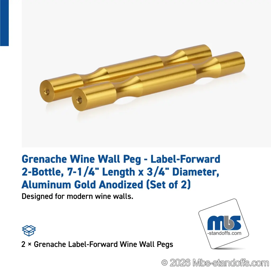 Grenache Wine Wall Peg - Label-Forward 2-Bottle, 6-1/2" Length x 3/4" Diameter, Aluminum Gold Anodized (Set of 2)