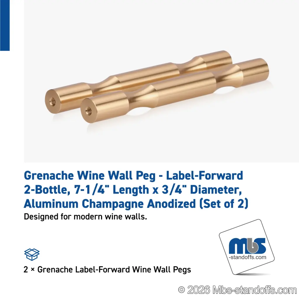 Grenache Wine Wall Peg - Label-Forward 2-Bottle, 6-1/2" Length x 3/4" Diameter, Aluminum Champagne Anodized (Set of 2)