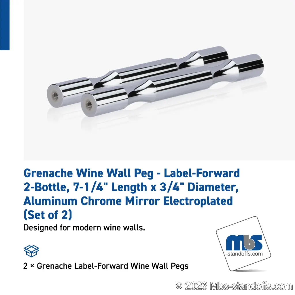 Grenache Wine Wall Peg - Label-Forward 2-Bottle, 6-1/2" Length x 3/4" Diameter, Aluminum Chrome Mirror Electroplated (Set of 2)