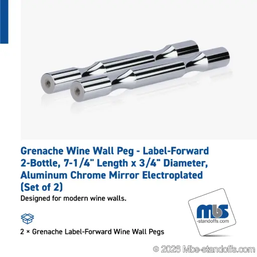 [WP075-2CP] Grenache Wine Wall Peg - Label-Forward 2-Bottle, 6-1/2" Length x 3/4" Diameter, Aluminum Chrome Mirror Electroplated (Set of 2)