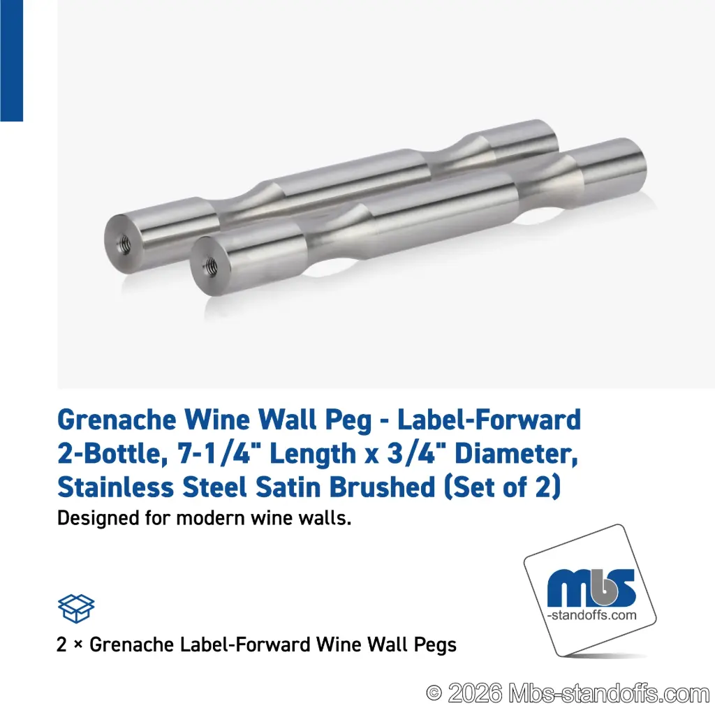 Grenache Wine Wall Peg - Label-Forward 2-Bottle, 6-1/2" Length x 3/4" Diameter, Stainless Steel Satin Brushed (Set of 2)