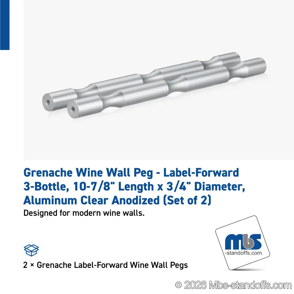 Grenache Wine Wall Peg - Label-Forward 3-Bottle, 9-1/2" Length x 3/4" Diameter, Aluminum Clear Anodized (Set of 2)
