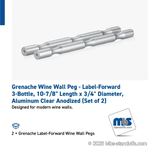 [WP075-3A] Grenache Wine Wall Peg - Label-Forward 3-Bottle, 9-1/2" Length x 3/4" Diameter, Aluminum Clear Anodized (Set of 2)