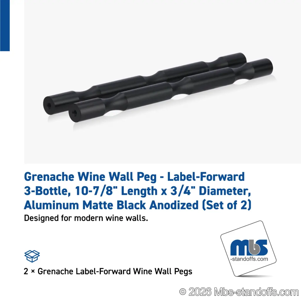 Grenache Wine Wall Peg - Label-Forward 3-Bottle, 9-1/2" Length x 3/4" Diameter, Aluminum Matte Black Anodized (Set of 2)