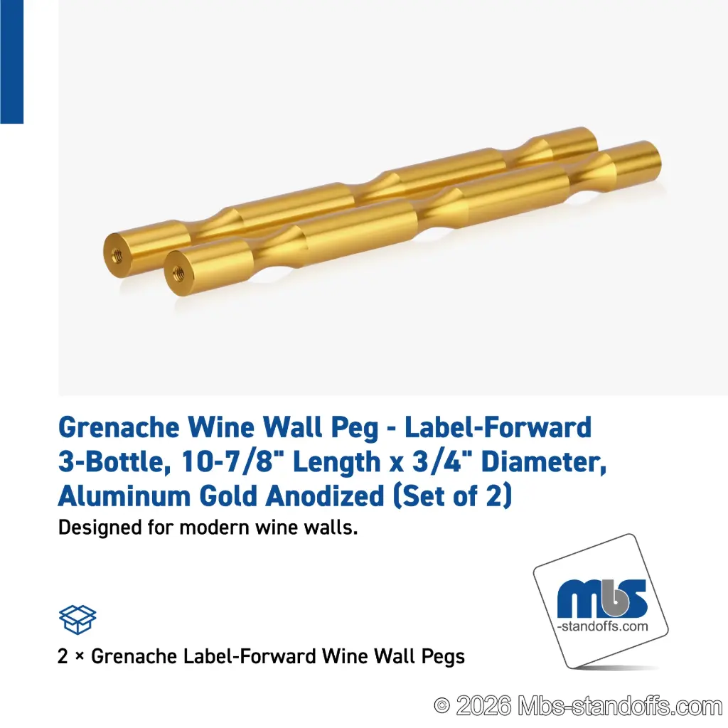 Grenache Wine Wall Peg - Label-Forward 3-Bottle, 9-1/2" Length x 3/4" Diameter, Aluminum Gold Anodized (Set of 2)