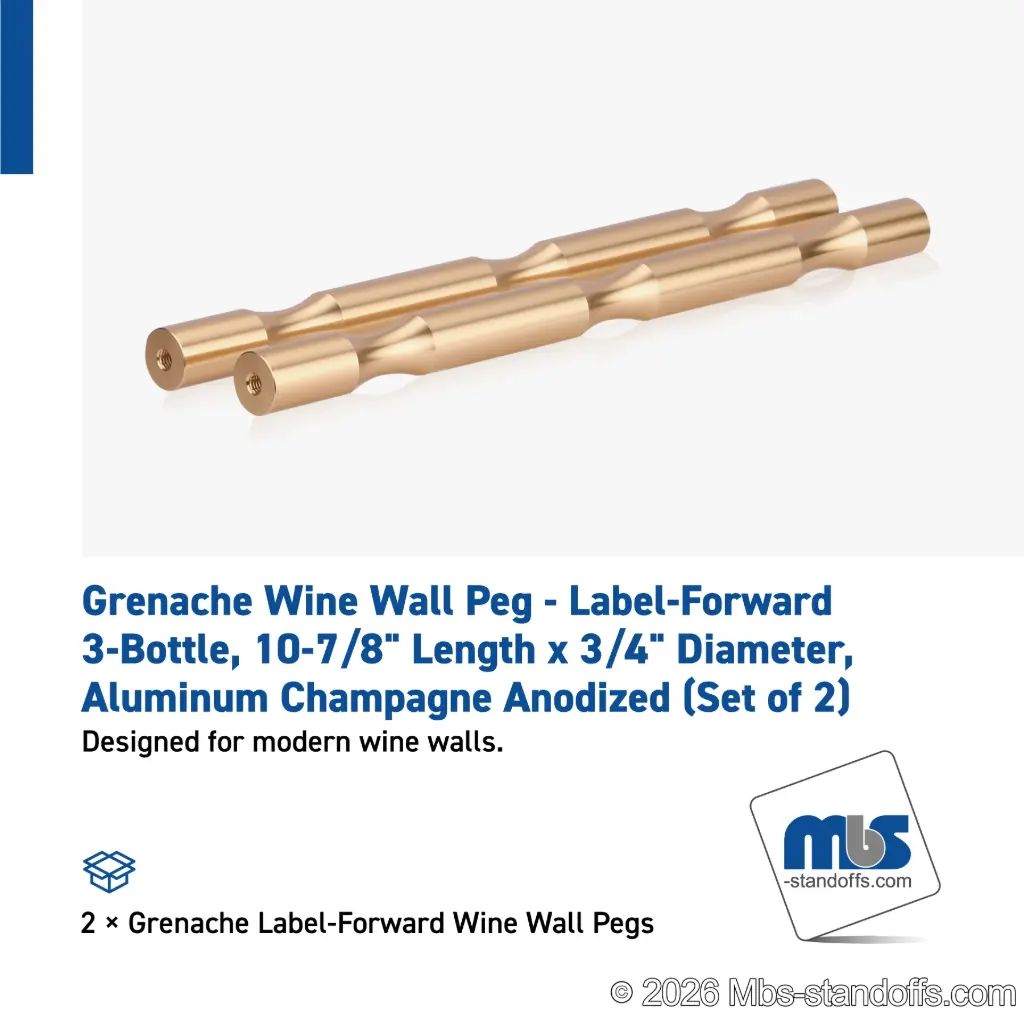 Grenache Wine Wall Peg - Label-Forward 3-Bottle, 9-1/2" Length x 3/4" Diameter, Aluminum Champagne Anodized (Set of 2)