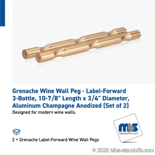 [WP075-3BR] Grenache Wine Wall Peg - Label-Forward 3-Bottle, 9-1/2" Length x 3/4" Diameter, Aluminum Champagne Anodized (Set of 2)