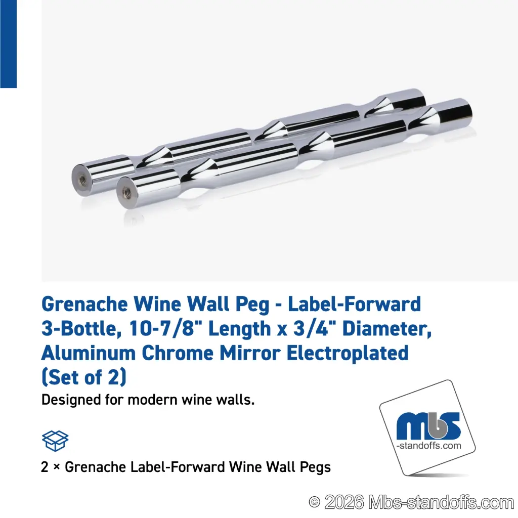 Grenache Wine Wall Peg - Label-Forward 3-Bottle, 9-1/2" Length x 3/4" Diameter, Aluminum Chrome Mirror Electroplated (Set of 2)