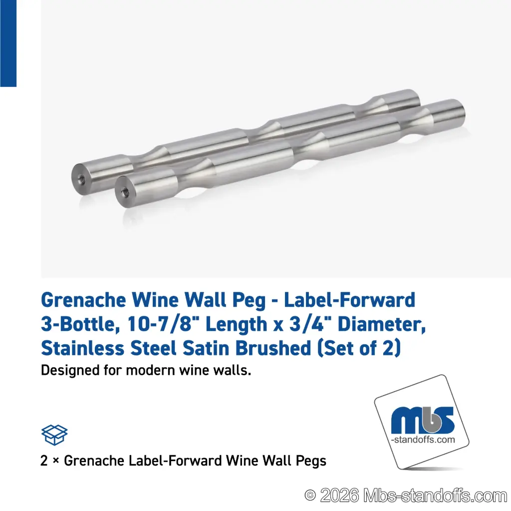 Grenache Wine Wall Peg - Label-Forward 3-Bottle, 9-1/2" Length x 3/4" Diameter, Stainless Steel Satin Brushed (Set of 2)