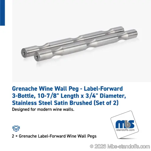 [WP075-3S] Grenache Wine Wall Peg - Label-Forward 3-Bottle, 9-1/2" Length x 3/4" Diameter, Stainless Steel Satin Brushed (Set of 2)