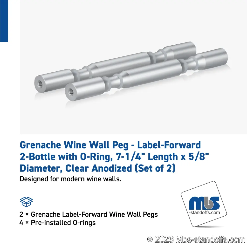 Grenache Wine Wall Peg - Label-Forward 2-Bottle with O-Ring, 6-1/2" Length x 5/8" Diameter, Aluminum Clear Anodized (Set of 2)