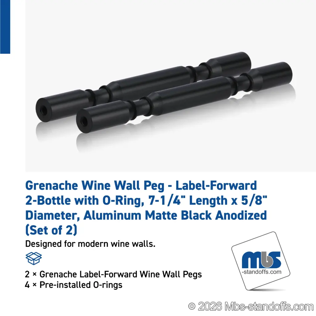 Grenache Wine Wall Peg - Label-Forward 2-Bottle with O-Ring, 6-1/2" Length x 5/8" Diameter, Aluminum Matte Black Anodized (Set of 2)