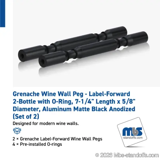 [WPR058-2MB] Grenache Wine Wall Peg - Label-Forward 2-Bottle with O-Ring, 6-1/2" Length x 5/8" Diameter, Aluminum Matte Black Anodized (Set of 2)