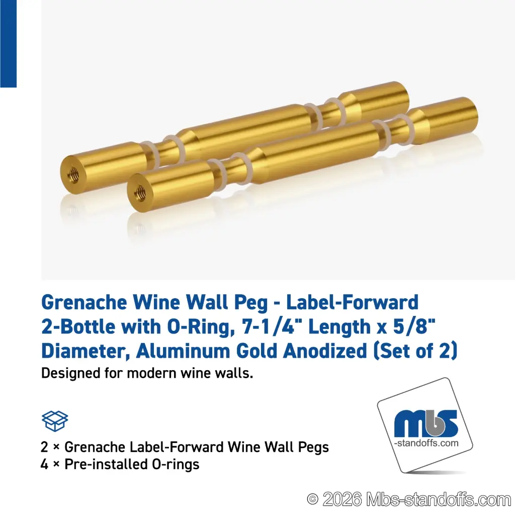 Grenache Wine Wall Peg - Label-Forward 2-Bottle with O-Ring, 6-1/2" Length x 5/8" Diameter, Aluminum Gold Anodized (Set of 2)