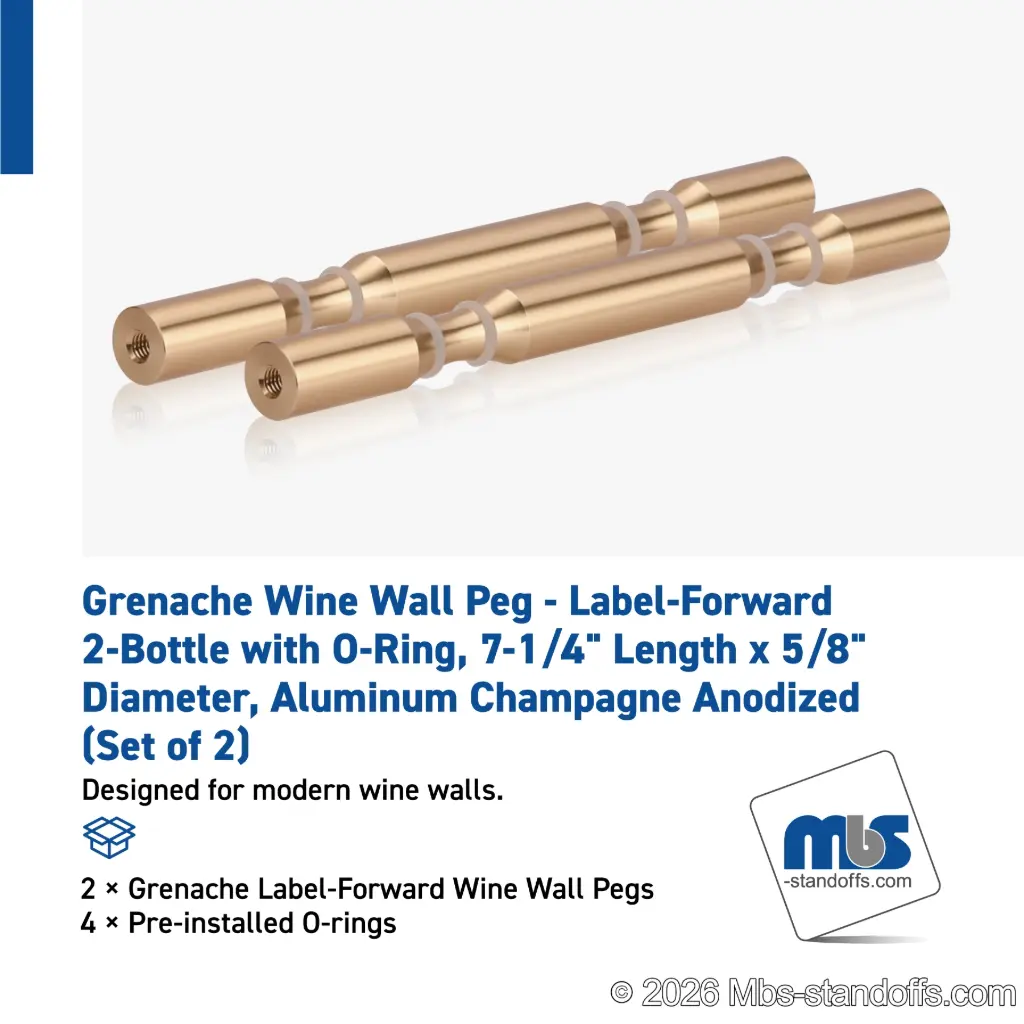 Grenache Wine Wall Peg - Label-Forward 2-Bottle with O-Ring, 6-1/2" Length x 5/8" Diameter, Aluminum Champagne Anodized (Set of 2)