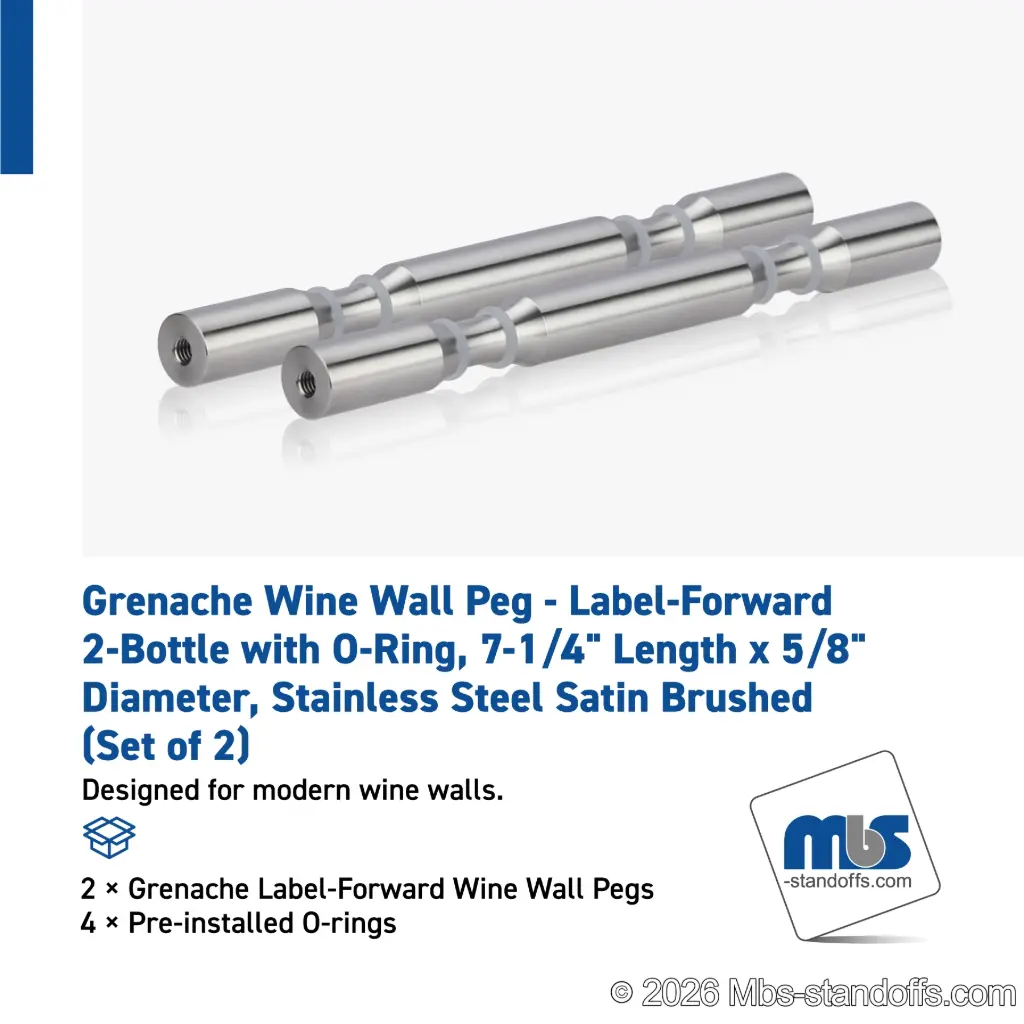 Grenache Wine Wall Peg - Label-Forward 2-Bottle with O-Ring, 6-1/2" Length x 5/8" Diameter, Stainless Steel Satin Brushed (Set of 2)