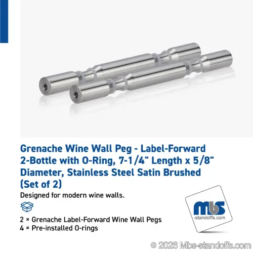 [WPR058-2S] Grenache Wine Wall Peg - Label-Forward 2-Bottle with O-Ring, 6-1/2" Length x 5/8" Diameter, Stainless Steel Satin Brushed (Set of 2)