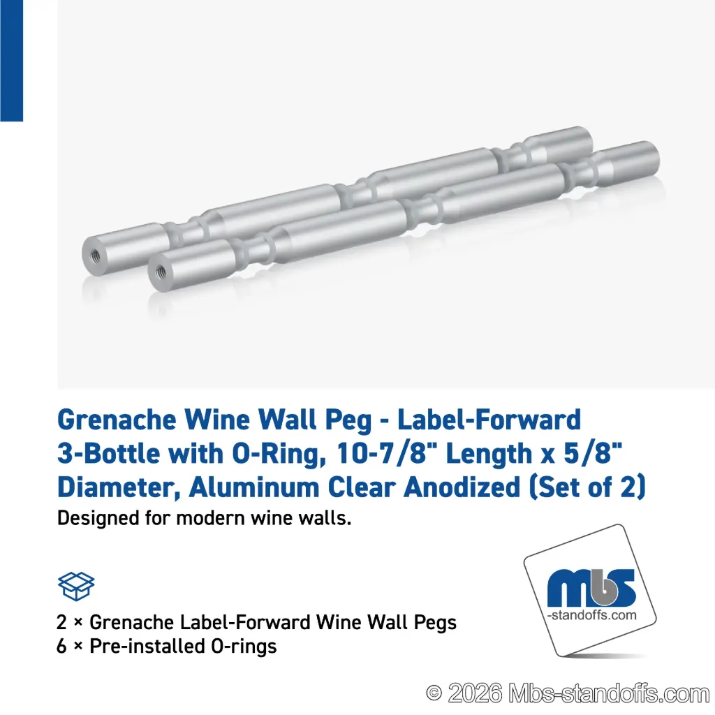Grenache Wine Wall Peg - Label-Forward 3-Bottle with O-Ring, 9-1/2" Length x 5/8" Diameter, Aluminum Clear Anodized (Set of 2)
