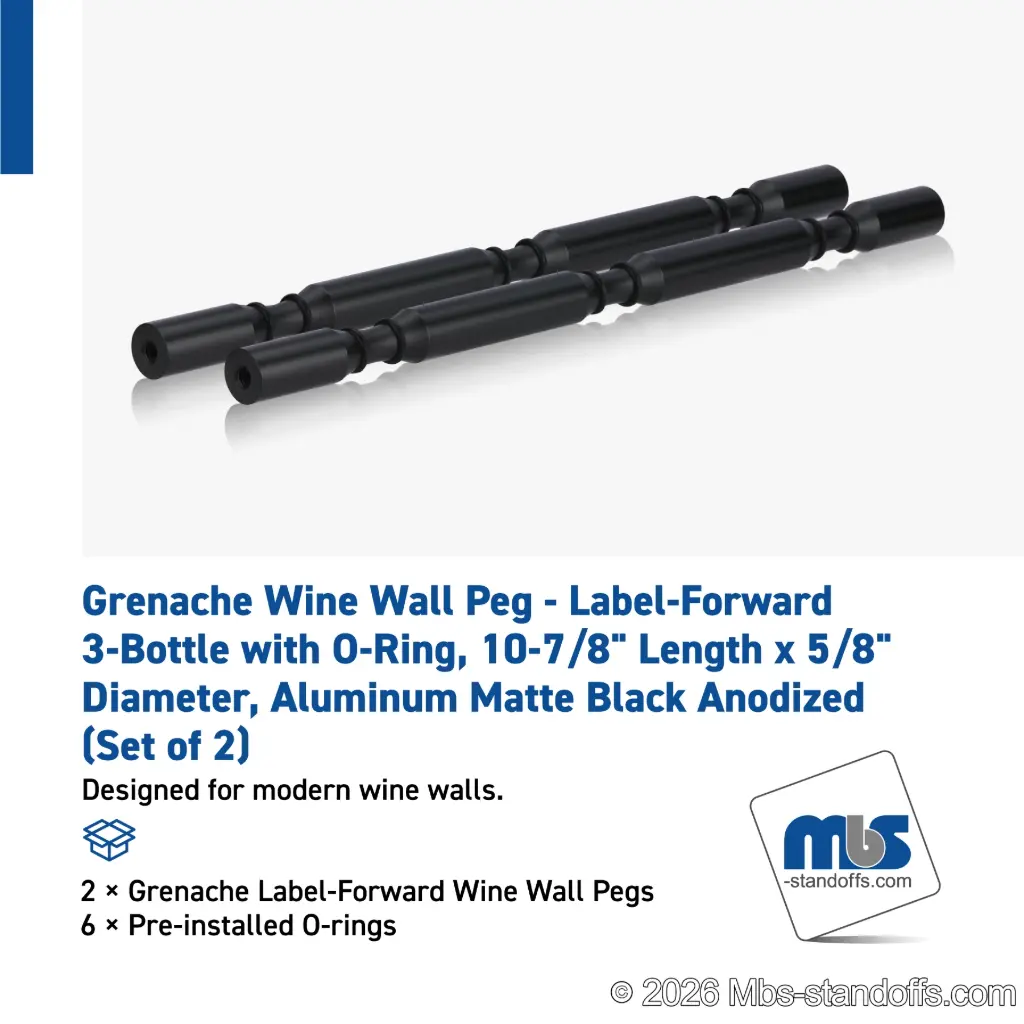 Grenache Wine Wall Peg - Label-Forward 3-Bottle with O-Ring, 9-1/2" Length x 5/8" Diameter, Aluminum Matte Black Anodized (Set of 2)