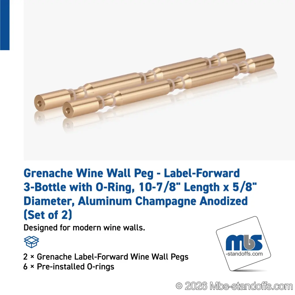 Grenache Wine Wall Peg - Label-Forward 3-Bottle with O-Ring, 9-1/2" Length x 5/8" Diameter, Aluminum Champagne Anodized (Set of 2)