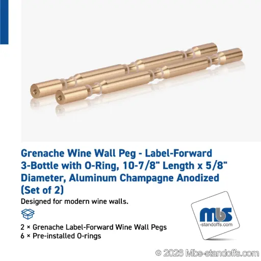 [WPR058-3BR] Grenache Wine Wall Peg - Label-Forward 3-Bottle with O-Ring, 9-1/2" Length x 5/8" Diameter, Aluminum Champagne Anodized (Set of 2)