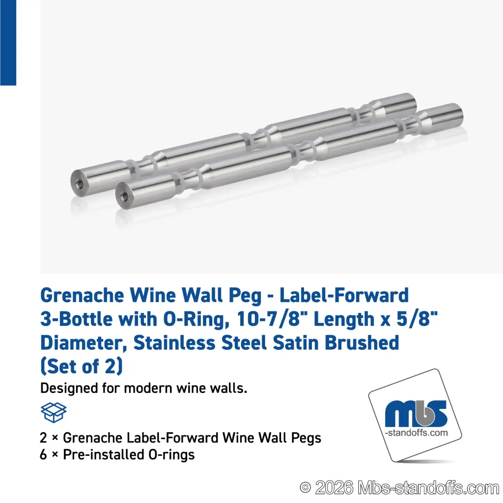 Grenache Wine Wall Peg - Label-Forward 3-Bottle with O-Ring, 9-1/2" Length x 5/8" Diameter, Stainless Steel Satin Brushed (Set of 2)